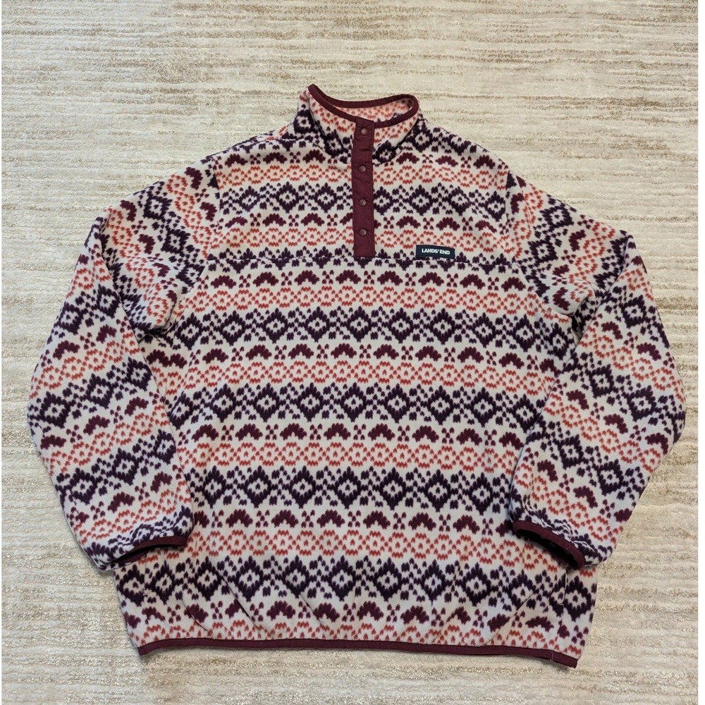 Lands End Heritage Fleece Pullover Womens L 12 14 Fair Isle 1/4 Snap Cabincore
